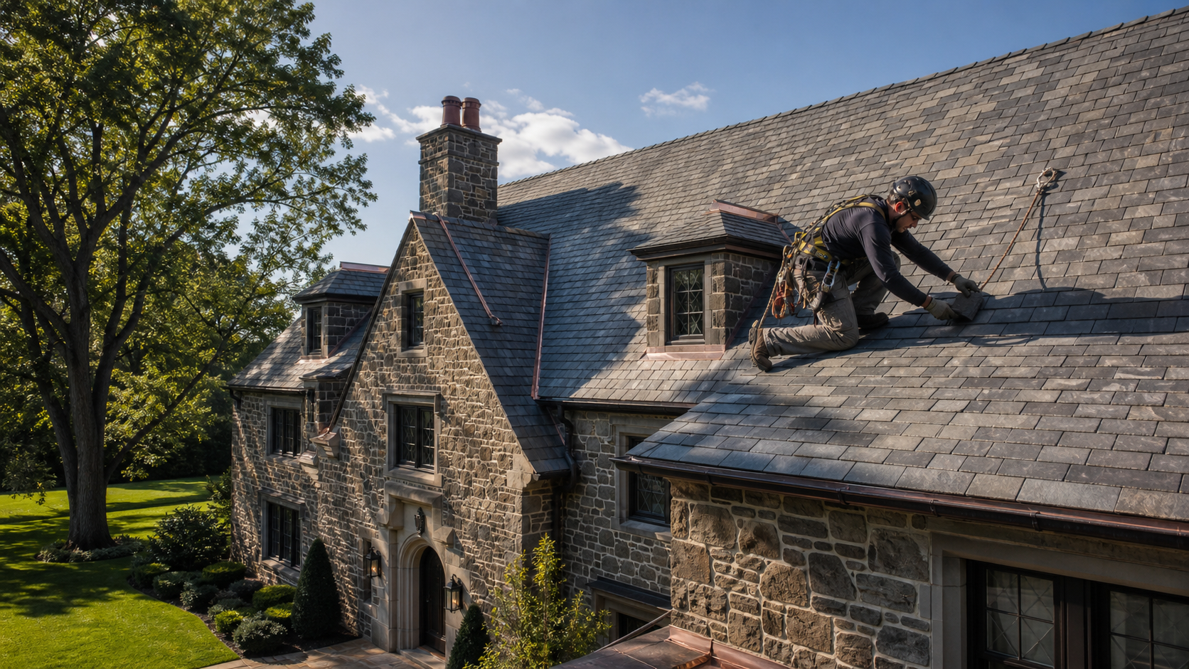 Roofer working on a Main Line Philadelphia slate roof